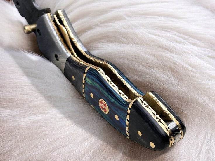 Blue and Black Gray Pakka Wood Handle EDC Knife with Damascus Bolster