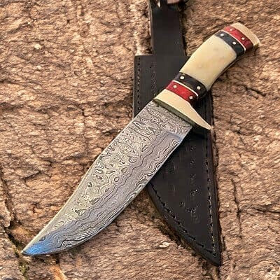 Handmade Damascus Bowie Knife – Bone & Wood Handle