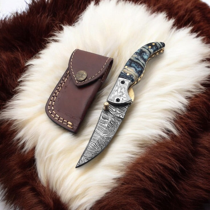 Epoxy Resin Handle Pocket Knife with Engraved Steel Bolster