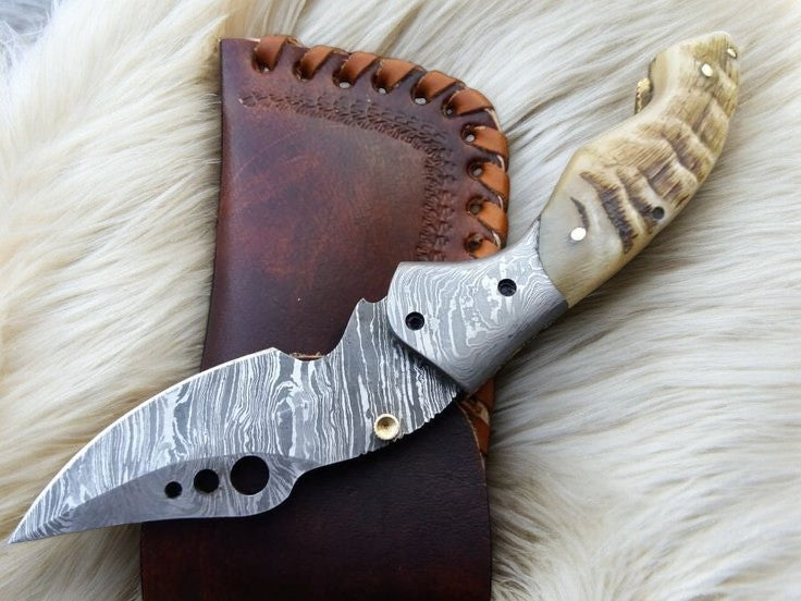 Damascus Steel Pocket Knife with Sheep Horn and Damascus Bolster