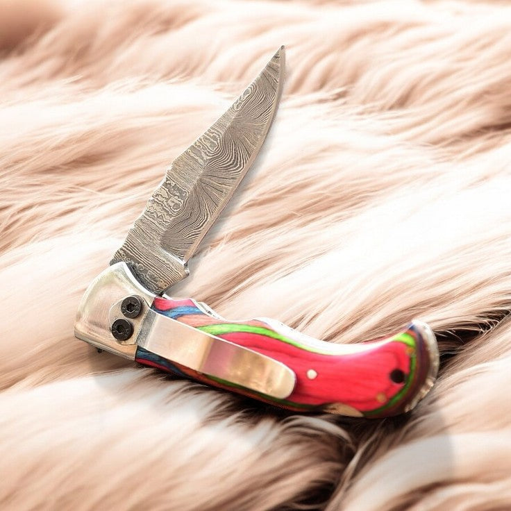 3-Inch Clip Knife with Damascus Steel Blade and Multicolor Pakka Wood Handle