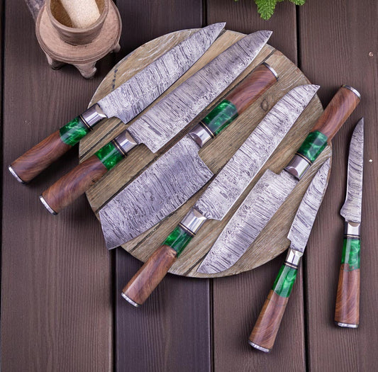 7-Piece Best Damascus Knife Sets with Full Tang Forged Steel Blades, Green Epoxy Resin & Rosewood Handles, Steel Bolsters, and Leather Roll