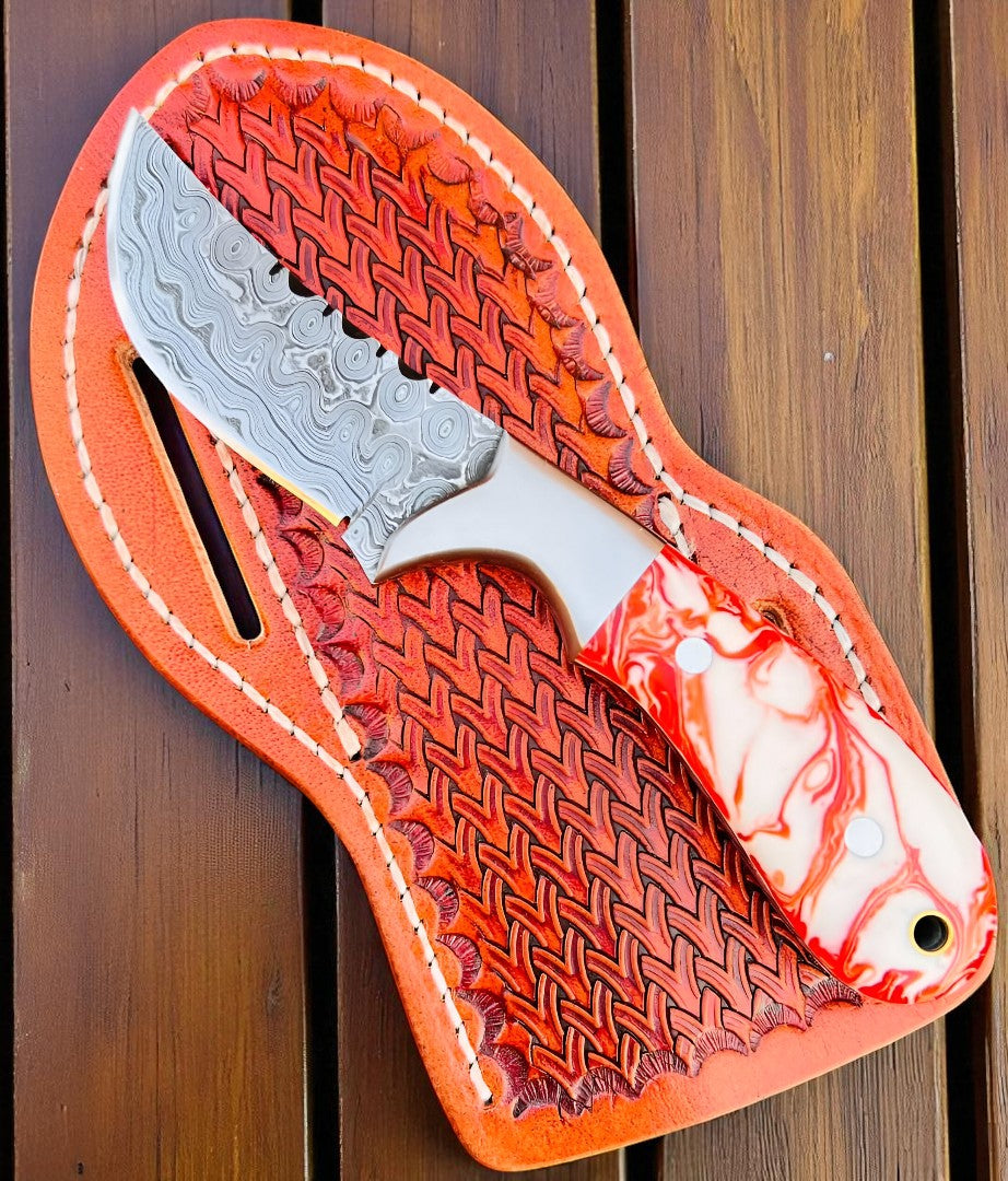 Custom Handmade Cowboy Knife 7.5 Inch Damascus with Red Pine Cone Resin Handle