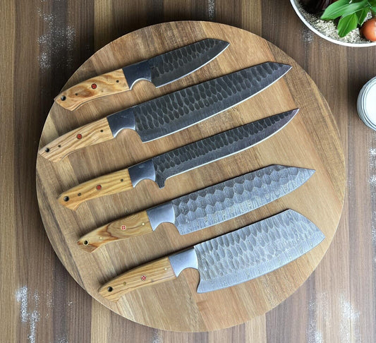 5-Piece Damascus Steel Knife Set with Full Tang Forged Blades, Olive Wood Handles, Steel Bolsters, and Premium Leather Roll