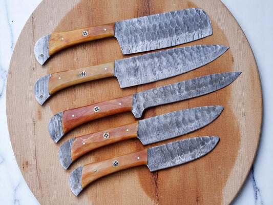 5-Piece Damascus Steel Knife Sets with Full Tang Forged Blades, Color Bone Handles, and Premium Leather Roll