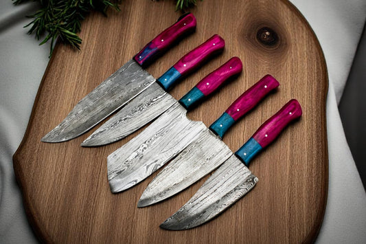 5-Piece Japanese Steel Knife Set with Full Tang Damascus Blades, Exotic Pink & Blue Wood Handles, and Premium Leather Roll