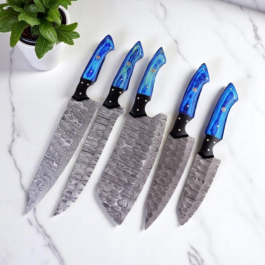 Custom Damascus Steel Knife Set with Leather Roll