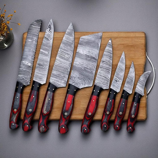 8-Piece Quality Kitchen Knife Set with Full Tang Damascus Blades, Red & Gray Wood Handles, Black G10 Accents, and Premium Leather Roll