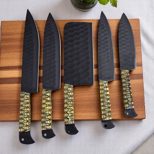 8-Piece Sharpest Knife Set with Full Tang VG10 Stainless Steel Black Powder Coated Blades, Yellow & Gray Exotic Pakka Wood Handles, and Leather Roll