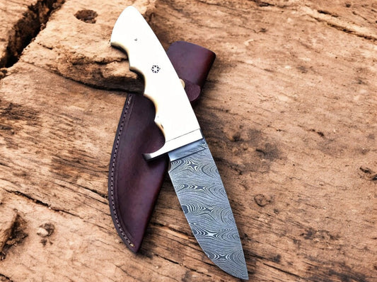 Custom Handmade Damascus Skinning Knife – Bone Handle