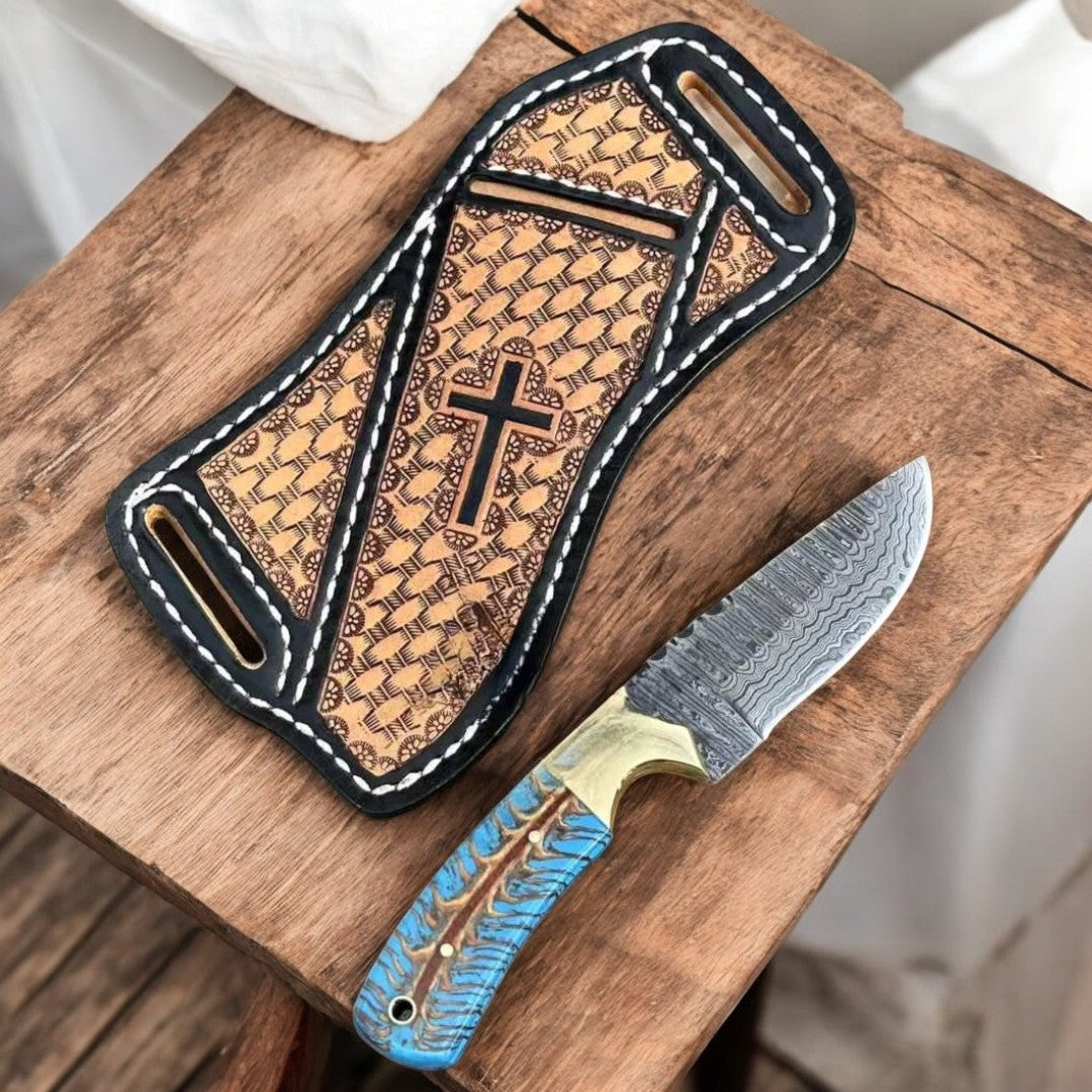 Custom Damascus Belt With Knife – Handmade 4 Inch Blade