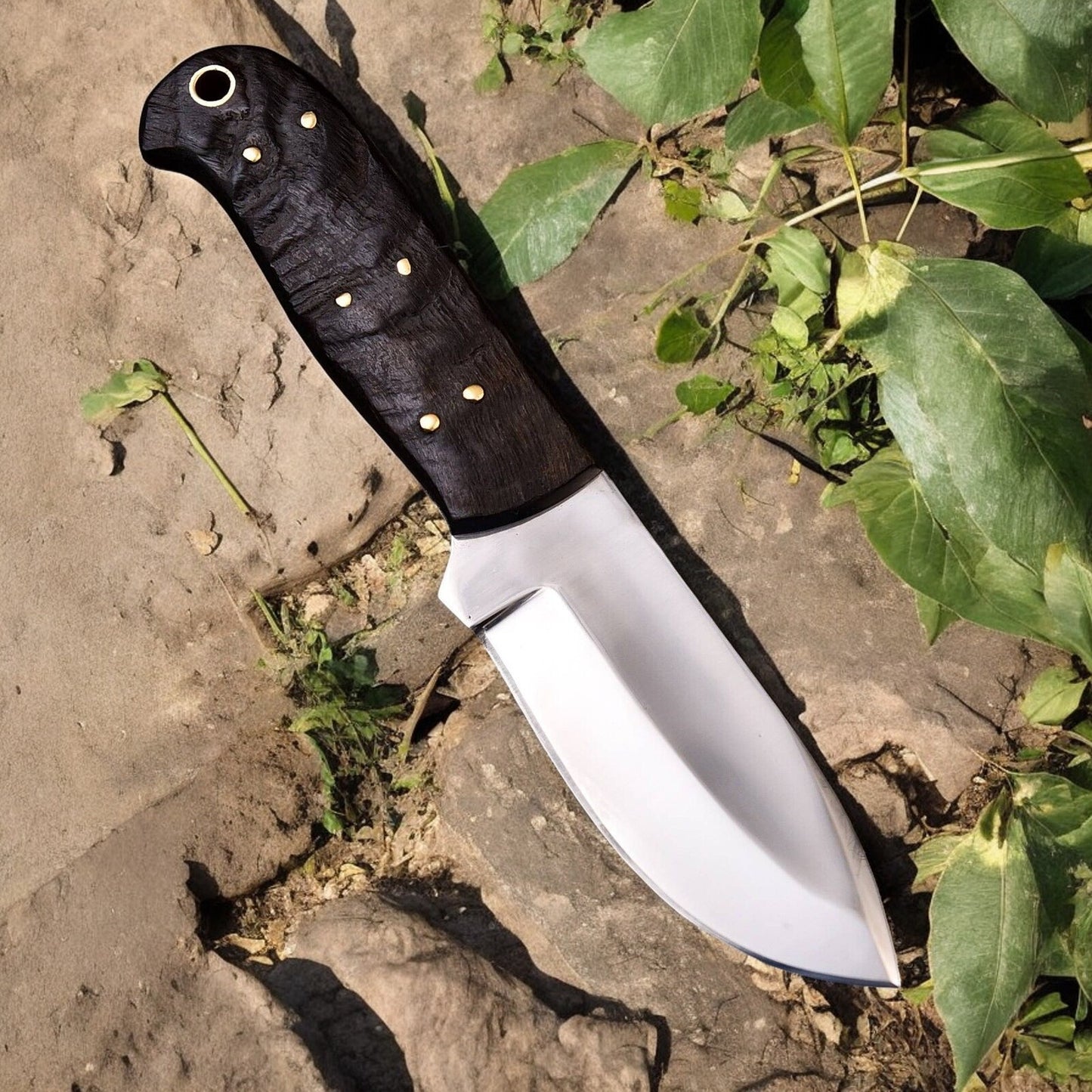 D2 steel hunt down knife displayed on a wooden surface in a natural setting.