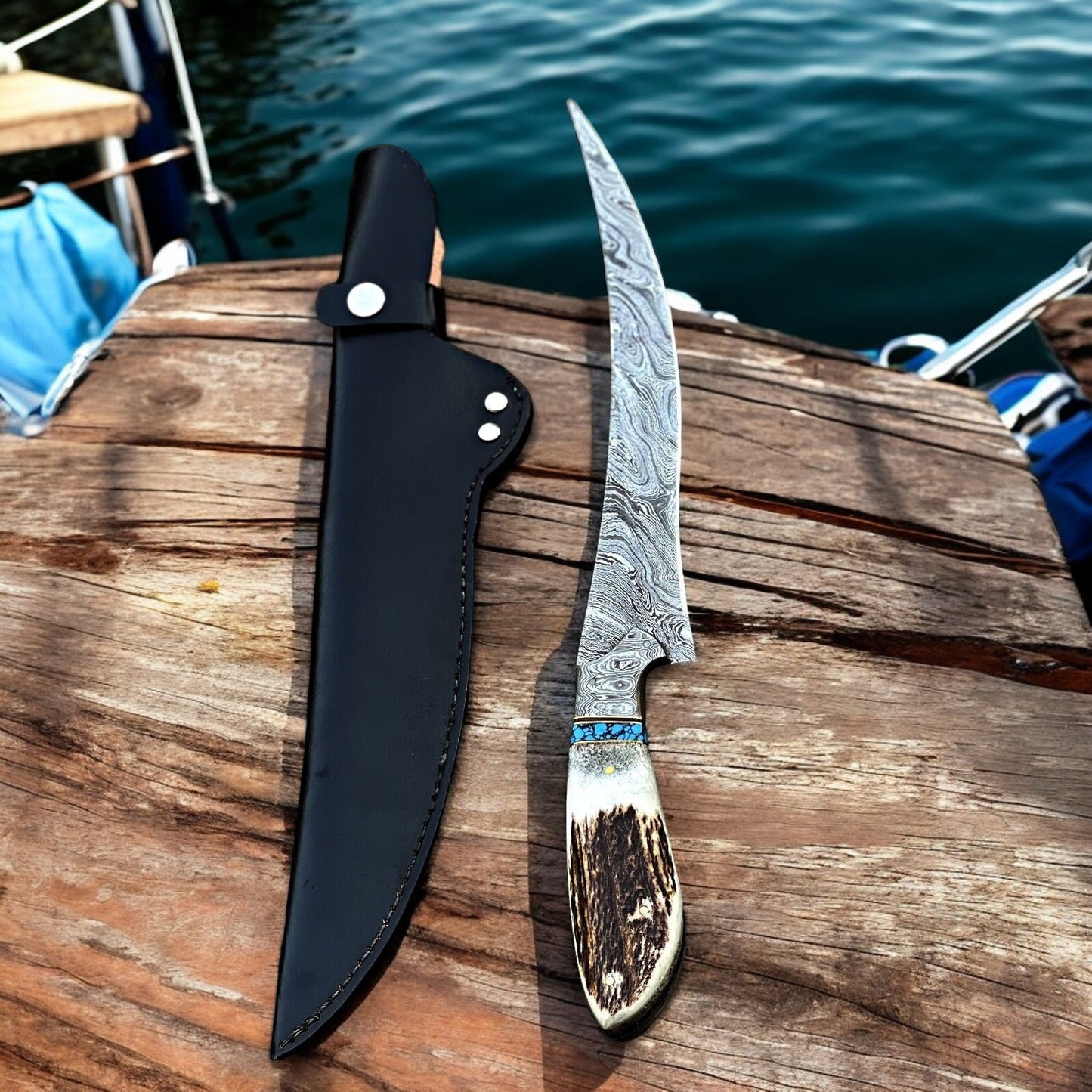 Close-up of Damascus Bolster on Hand Forged Fillet Knife