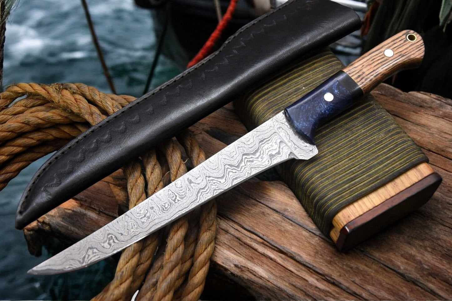 Detail of Damascus Steel Blade and Handle on Fillet Knife