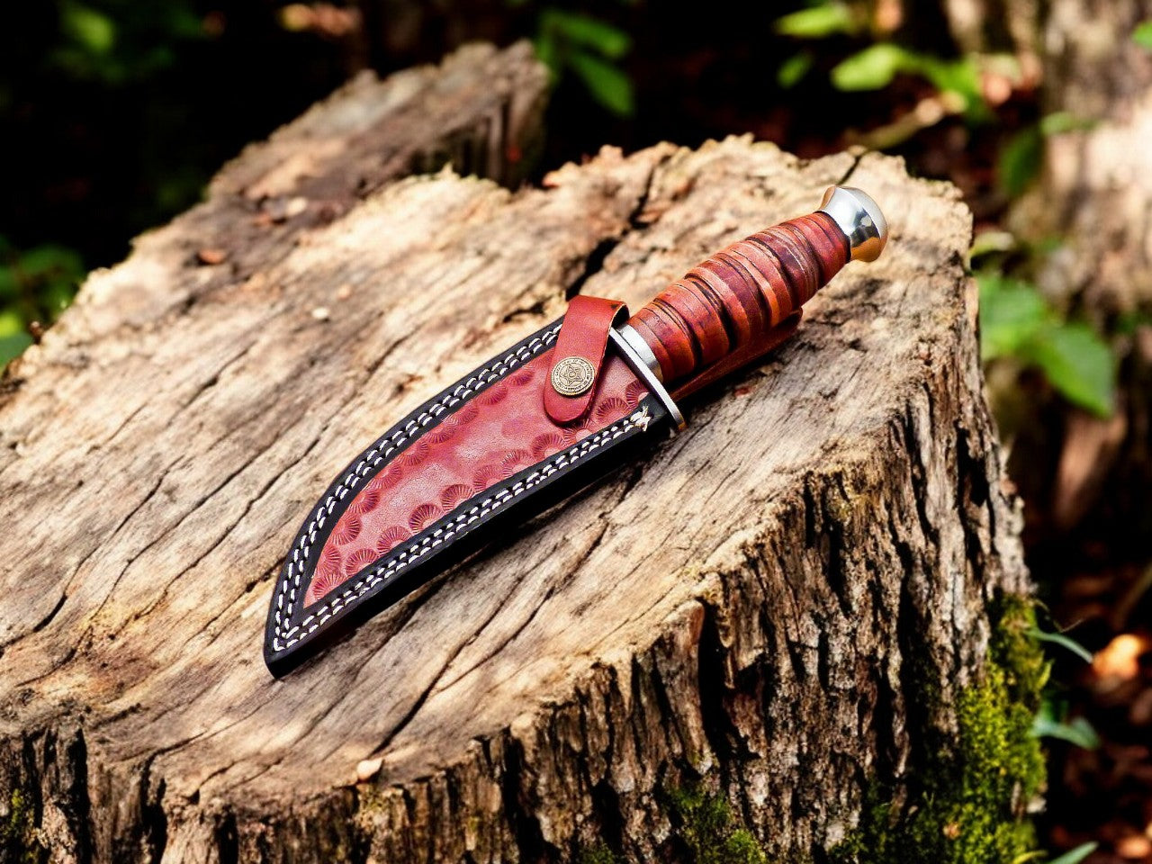 Custom Damascus Bowie Knife in leather sheath