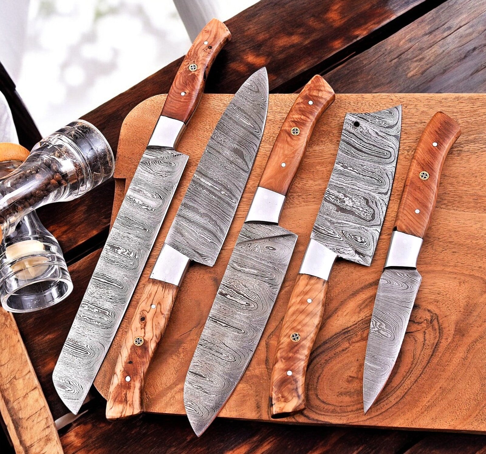 Damascus custom kitchen knives set