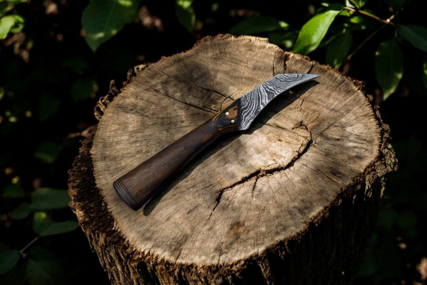 Custom handmade curved skinning knife with Damascus steel blade and rosewood handle.