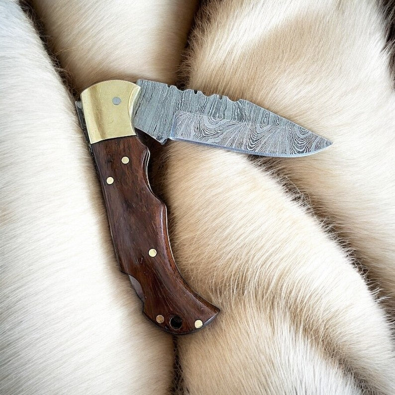 Custom Handmade Pocket Knife with Damascus Steel Blade and Rosewood Handle