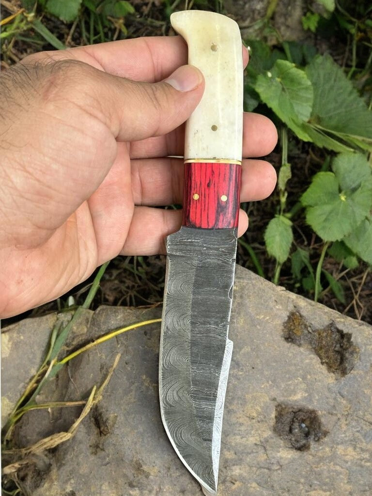 Custom Handmade Damascus Steel Hunting Knife with Bone and Exotic Wood Handle