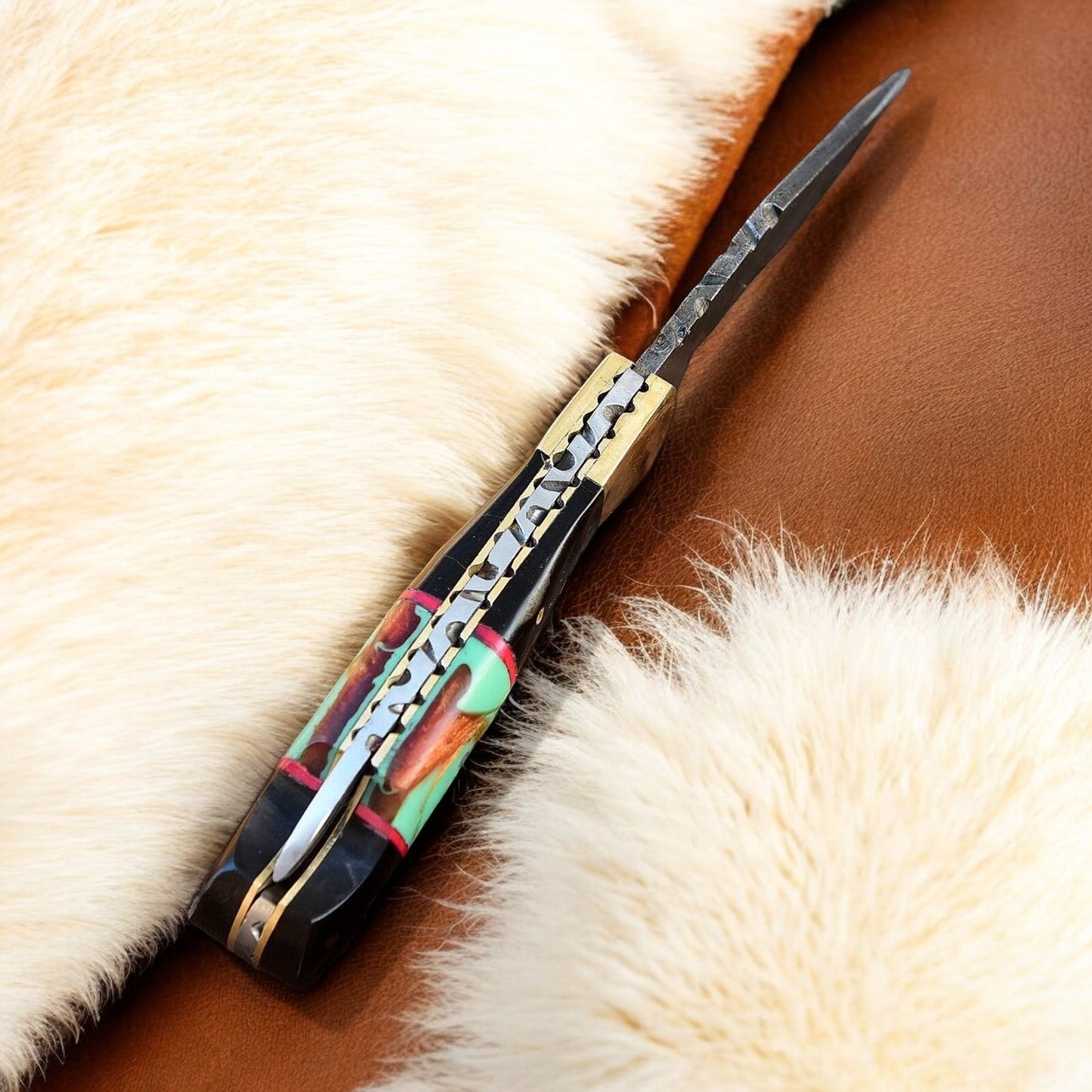 Handmade EDC Pocket Knife with Epoxy Resin, Buffalo Horn, and Leather Case