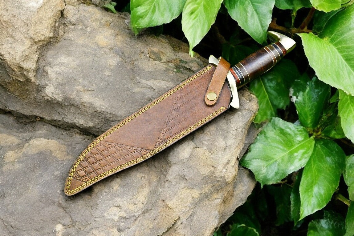 Full view of the 15-inch High-Quality Bowie Knife with leather sheath