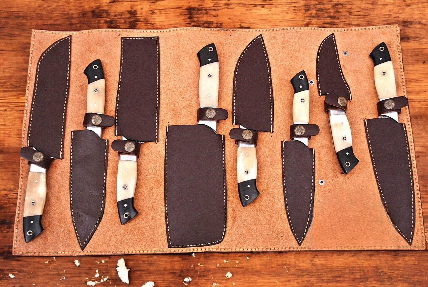knife set in leather roll.