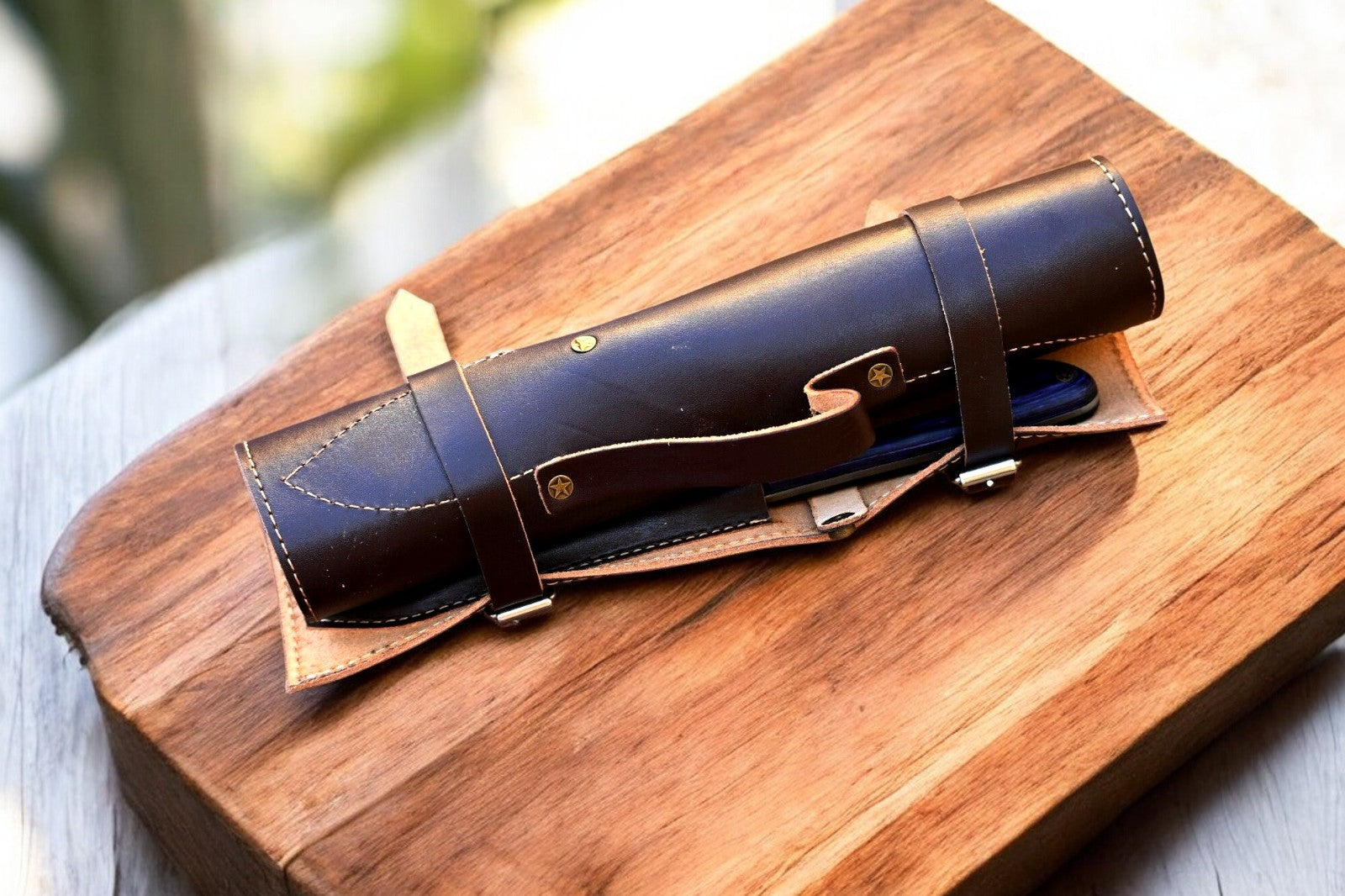 Leather roll accessory for Damascus kitchen knife