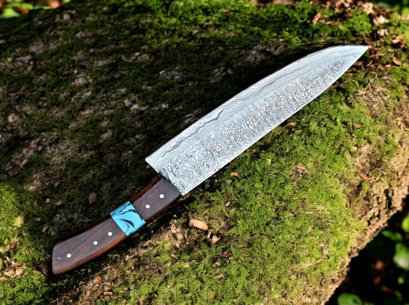 Close-up of Damascus Steel Blade on Hunting Knife