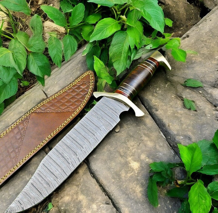 High-Quality Bowie Knife with 15-inch Damascus steel blade and rosewood handle