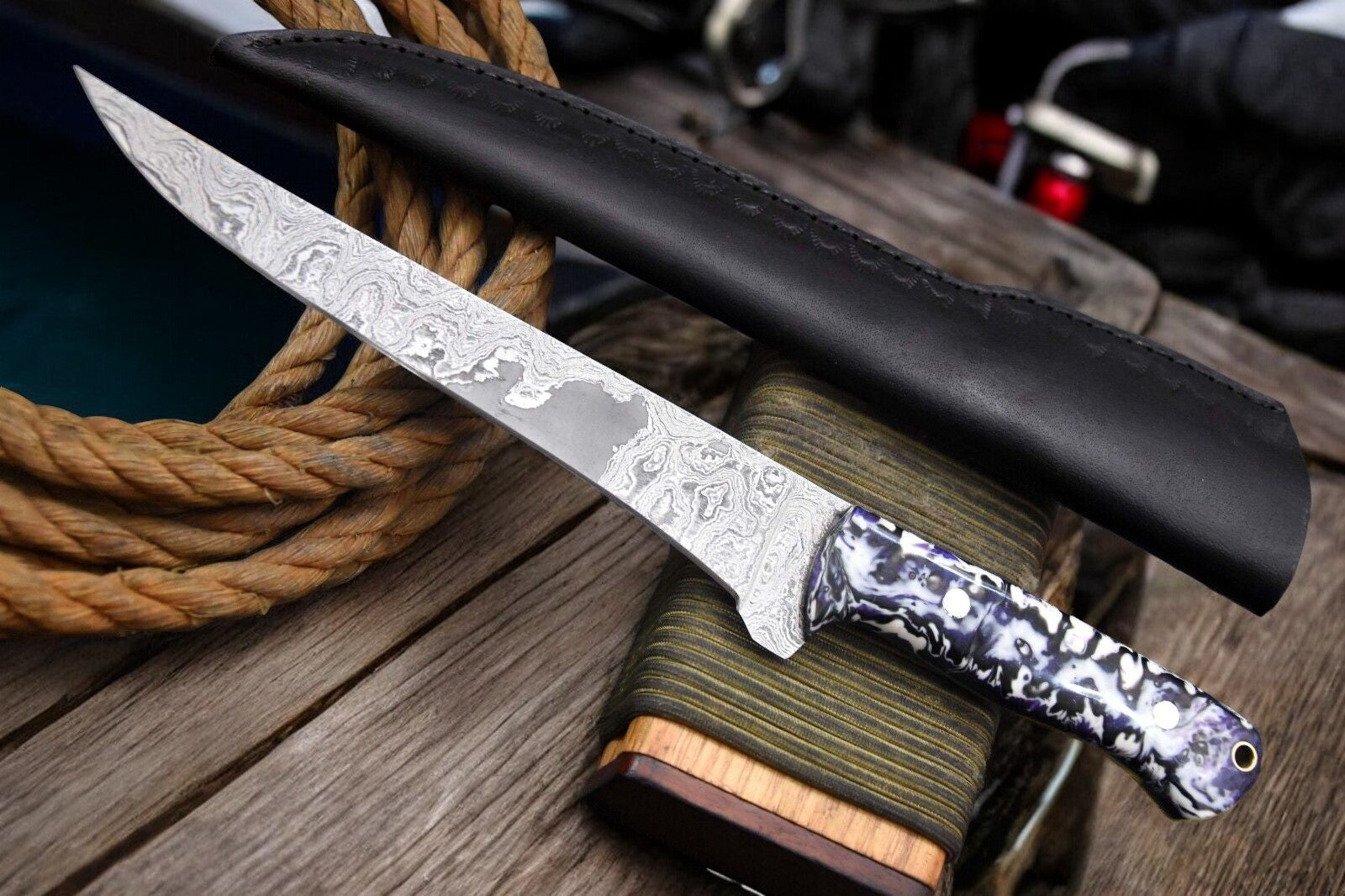 Fillet Fish Knife with Exotic Pakka Wood Handle and Leather Sheath