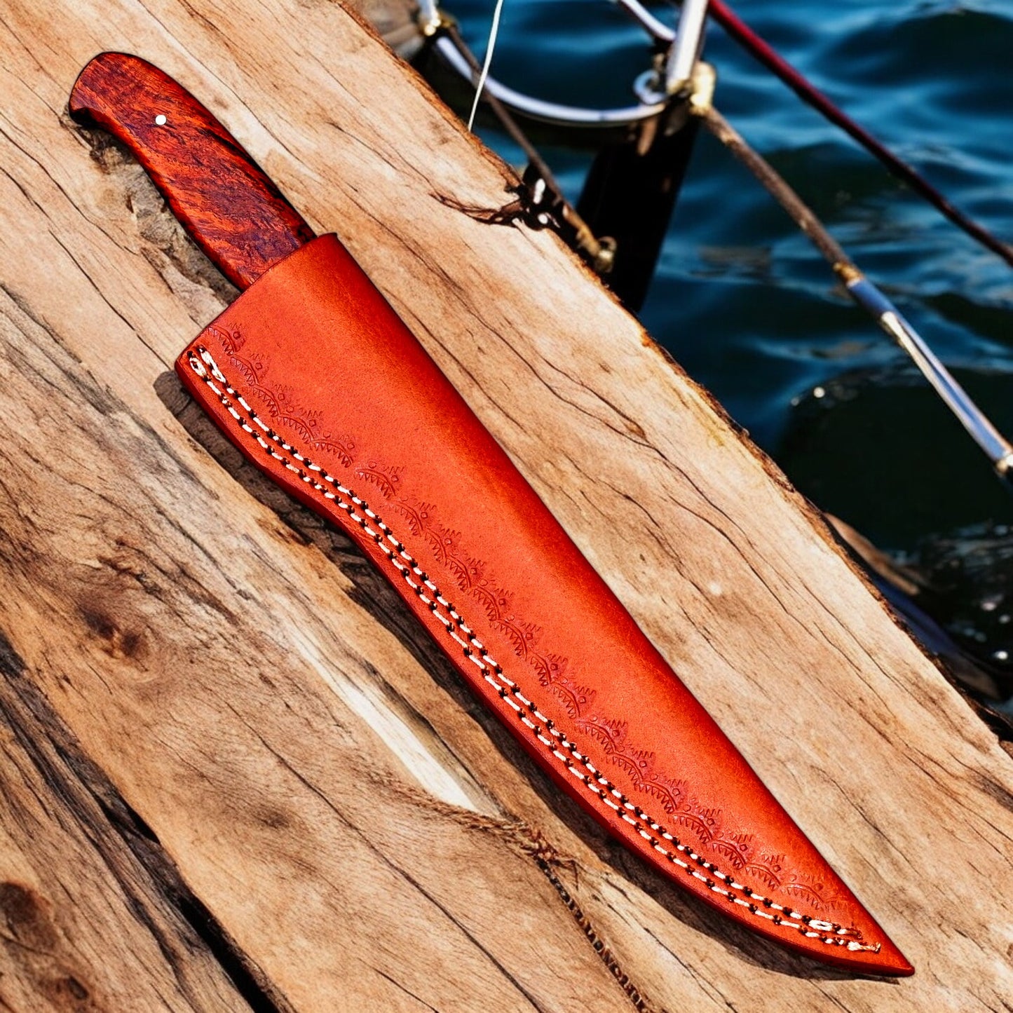 Rosewood Handle Damascus Fillet Knife with Leather Sheath