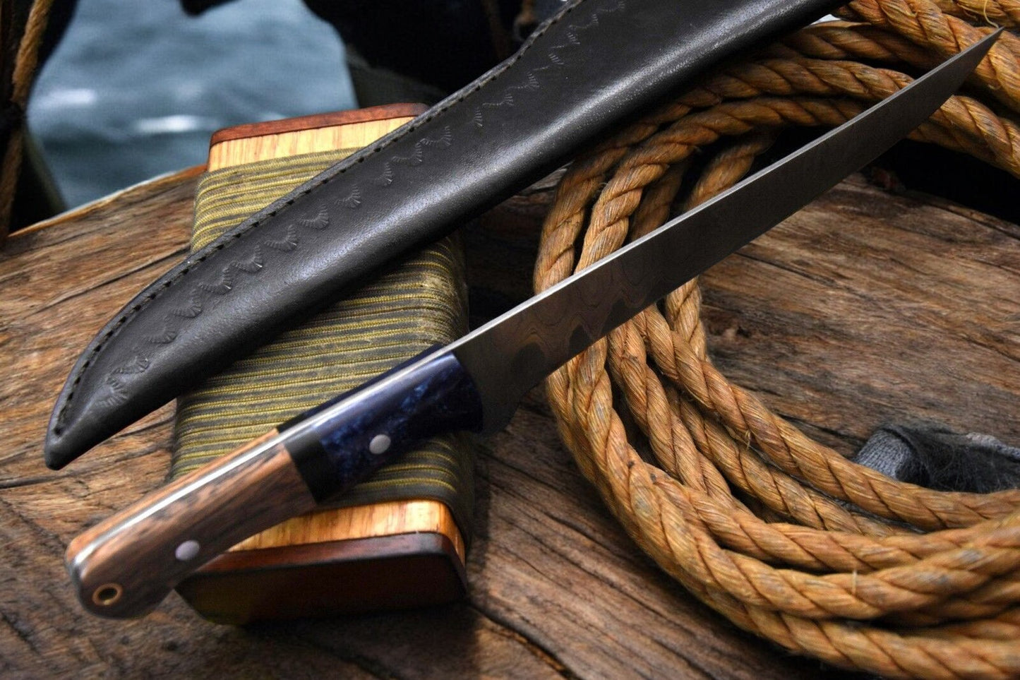 Close-up of 7.8-inch Damascus Steel Blade on Fillet Knife