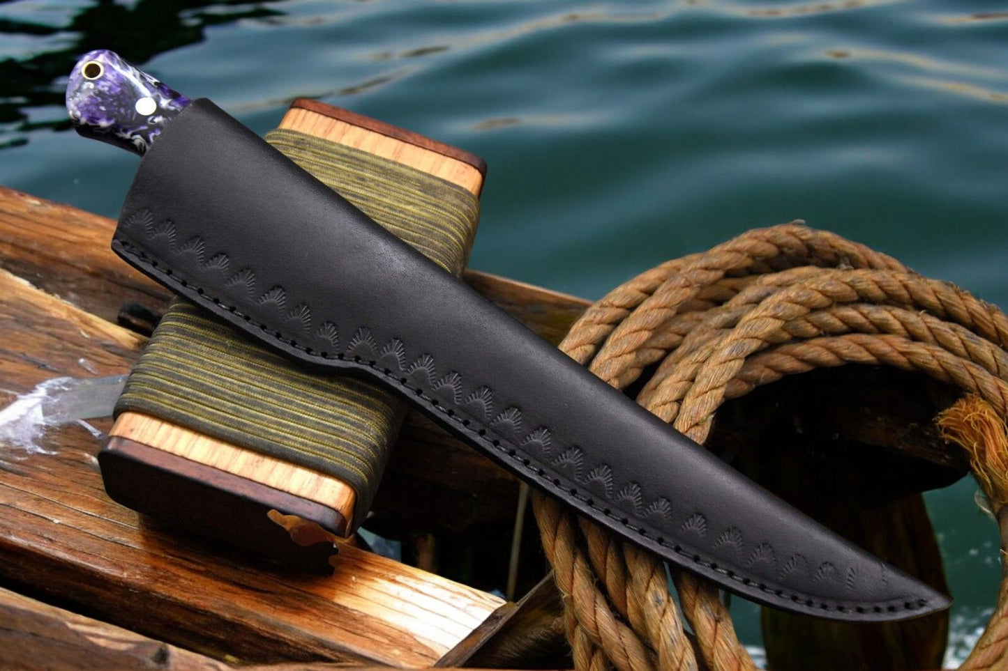 Fillet Fish Knife with Leather Sheath and Exotic Pakka Wood Handle