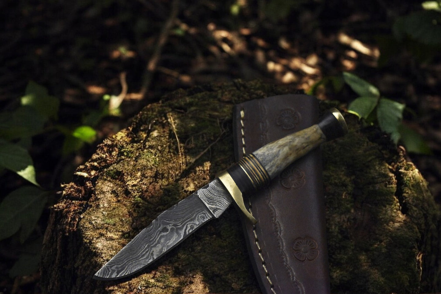 "Close-up of the Damascus steel blade on the hunting skinning knife."