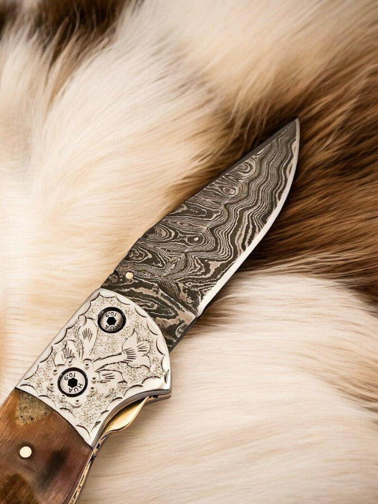 3.25-inch Damascus Blade Unique Pocket Knife with Engraved Steel Bolster
