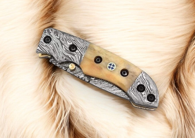 Custom Handmade Damascus Steel Clip Knife with Bone Handle

