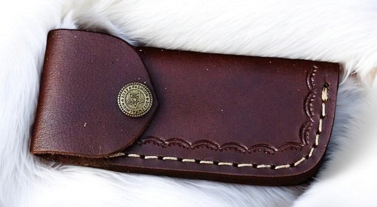 Handmade Damascus Steel Pocket Knife with Leather Case
