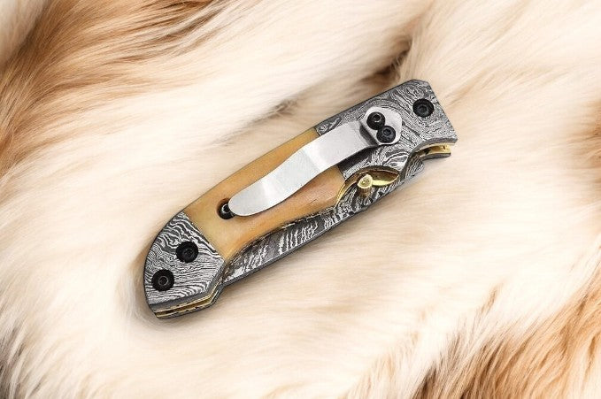 Handmade Clip Knife with Damascus Blade and Bone Handle
