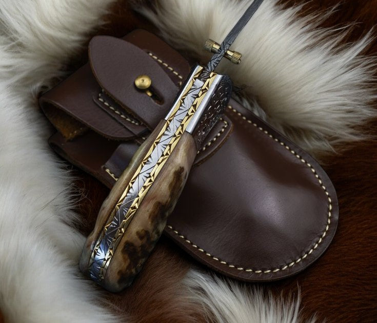 Custom Foldable Knife with Leather Case and Damascus Steel Blade
