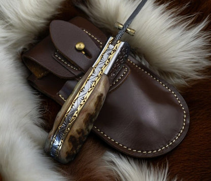Custom Foldable Knife with Leather Case and Damascus Steel Blade

