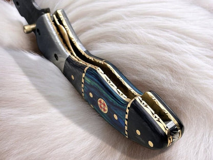 Blue and Black Gray Pakka Wood Handle EDC Knife with Damascus Bolster
