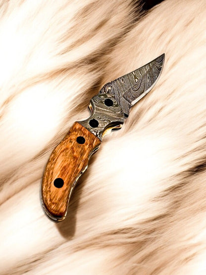  Damascus Steel pocket knife EDC with burl olive wood handle and Damascus bolster
