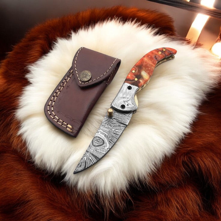 3-inch Damascus Steel Pocket Knife with Engraved Steel Bolster
