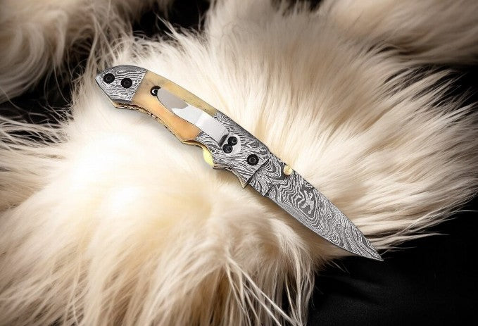 3-inch Damascus Blade Clip Knife with Bone Handle and Pocket Clip
