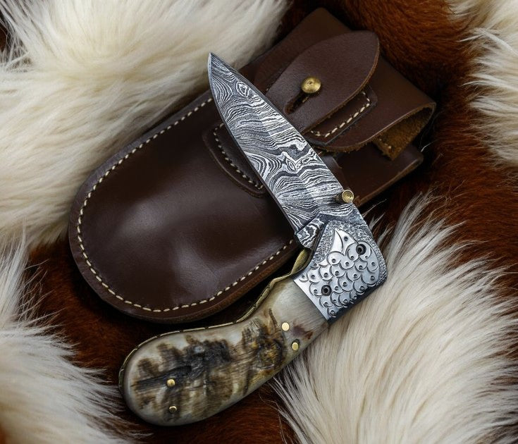3-inch Damascus Steel Foldable Knife with Engraved Steel Bolster
