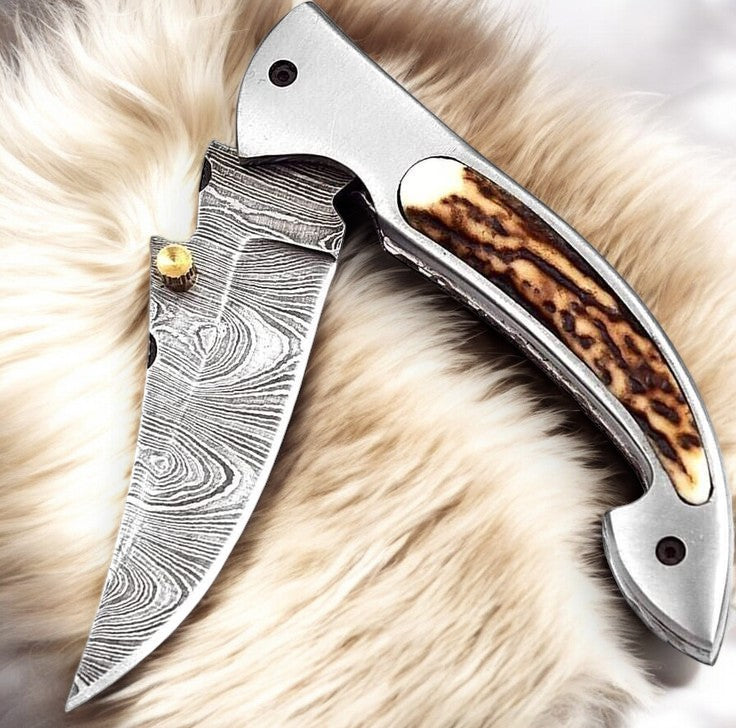 Damascus Blade 3-Inch Folding Knife with Leather Case
