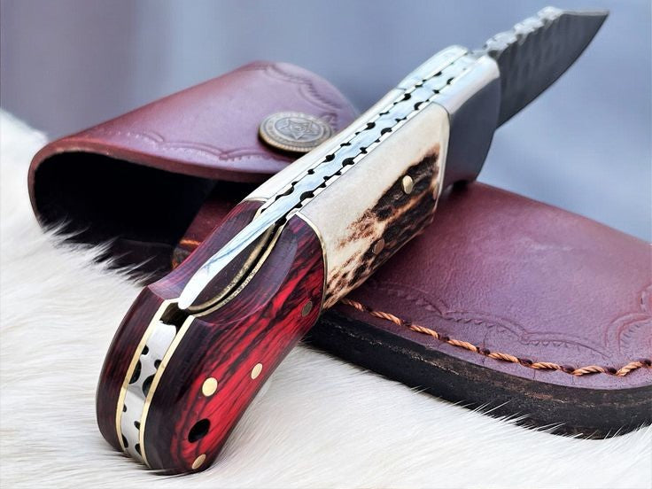 Custom Handmade Sharp Pocket Knife with Damascus Steel Blade

