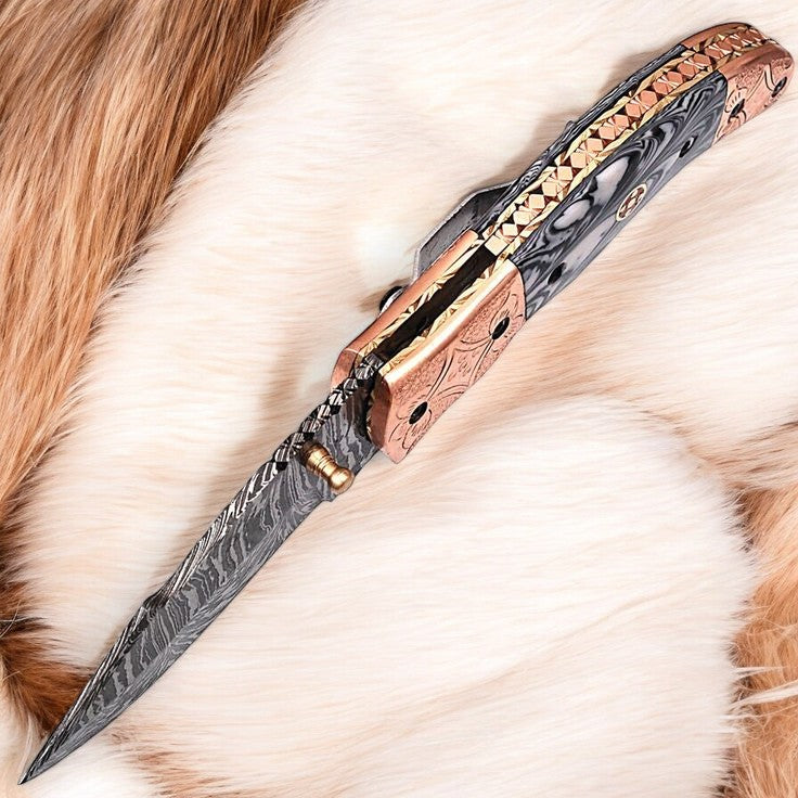Damascus Steel Clip Knife with Epoxy Resin Handle and Steel Bolster
