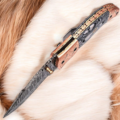 Damascus Steel Clip Knife with Epoxy Resin Handle and Steel Bolster

