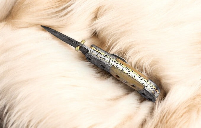Close-up of Pocket Clip on Damascus Steel Clip Knife
